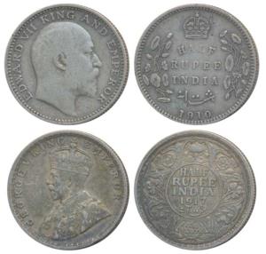 Edward VII, Silver ½ Rupee, 1910, Calcutta Mint (Prid 314); George V, Silver ½ Rupee, 1917