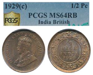 George V, Copper ½ Pice, 1929, Calcutta Mint. Graded by PCGS MS64RB.