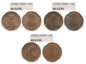 George V, Copper ¼ Anna (3), 1918, Calcutta Mint, MS64RD; 1919, Calcutta Mint, MS62BN; 192