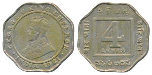 George V, Cupro-Nickle 4 Annas, 1921, Calcutta Mint, Unlisted in Pridmore. Fine, Rare.