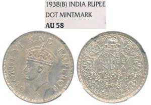 George VI, Silver Rupee, 1938, Bombay Mint, A / I / with dot, (Prid 234). Graded by NGC AU