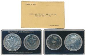 1974 Uncirculated Set, Planned Families Food For All, set of 2, Rupees 10 and 50. In near 