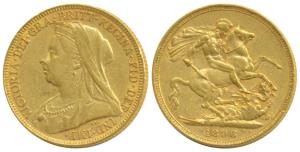 Australia, Victoria, Gold Sovereign, 8g, 1896, Veiled head, ‘M’ mint mark for Melbourne Mi