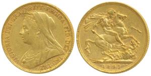 Australia, Victoria, Gold Sovereign, 8g, 1897, Veiled head, ‘M’ mint mark for Melbourne Mi