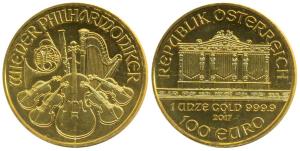 Austria, Gold 100 Euro, 31.12g, 2017, Vienna Philharmonic Orchestra, obv. The Golden Hall 