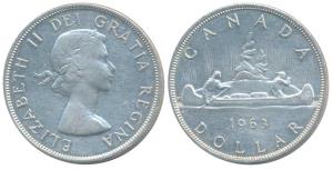 Canada, Elizabeth II, Silver 1 Dollar, 23.33g, 1963. Extremely Fine.