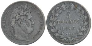 France, Louis Philippe I, Silver 5 Francs, 25g, 1846A, Paris Mint (KM 749.1). Edge knick a
