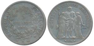 France, Liberte Egalite, Silver 5 Francs, 24.7g, 1874A (KM 820.1). Very Fine.
