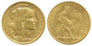 France, Gold 20 Francs, 6.4g, 1901, Liberty on obv. rooster divides value on rev. (KM 857)