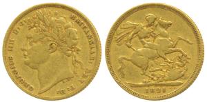 Great Britain, George III, Gold Sovereign, 1821, St. George slaying a dragon on rev. (KM 6
