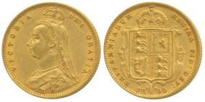 Great Britain, Victoria, Gold ½ Sovereign, 4g, 1890, Jubilee head, rev. Shield (KM 766). V