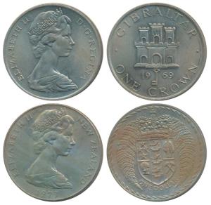 Gibraltar, Elizabeth II, Cupro Nickel Crown, 1969; New Zealand, Cupro Nickel Dollar, 1973.