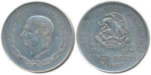 Mexico, Silver 5 Pesos, 27.78g, 1951, lettered edge Industria Comercio Agricultura (KM 467