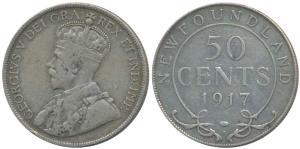 Newfoundland, George V, Silver 50 Cents, 11.78g, 1917C, (KM 12). Very Fine.