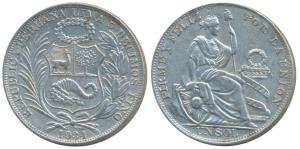 Peru, Silver 1 Sol, 25g, Santiago Mint, 1934 (KM 218). About Extremely Fine.