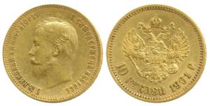 Russia, Czar Nicholas II, Gold 10 Roubles, 8.6g, 1901, St. Petersburg Mint (KM Y62). Very 