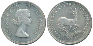 South Africa, Elizabeth II, Silver 5 Shillings, 28.28g, .500 fine, 1958 (KM 52). Extremely
