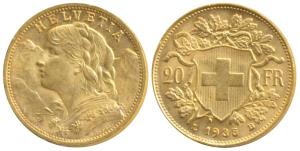 Switzerland, Gold 20 Francs, 6.4g, Bern Mint, draped bust of Helvetia to left and the Swis