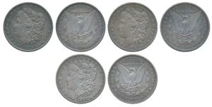 United States of America, Silver Morgan Dollar, 1879, 1885 & 1887 (KM 110). Very Fine+. (3