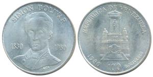Venezuela, Simon Bolivar, Silver 100 Bolivares, 22g, 1980, (KM Y56). Uncirculated.
