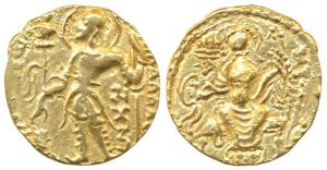 Guptas, Samudragupta (c. 335-380 AD) Gold Dinar, 7.60g, Sceptre type, obv. king nimbate st