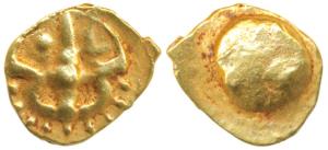 Shilaharas of Kolhapur, Gold ¼ Pagoda / Double Fanam, 0.78g, ornamental trident, with sun 