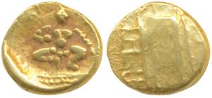 Vijayanagar, Krishna Deva Raya, Gold ½ Pagoda, 1.68g, obv. seated Balakrishna with a flat 