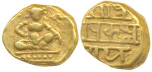 Vijayanagar, Krishna Deva Raya, Gold Pagoda, 3.33g, obv. seated Balakrishna with a flat he