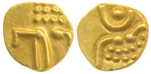 Veera Raya, Coorg, Gold Fanam, 0.38g, obv. stylized lion standing right with crescent abov