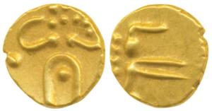 Veera Raya, Coorg, Gold Fanam, 0.41g, obv. stylized lion standing right with crescent abov