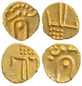 Veera Raya, Coorg, Gold Fanam (2), 0.4g & 0.38g, obv. stylized lion standing right with cr
