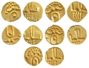 Veera Raya, Coorg, Gold Fanam (5), obv. stylized lion standing right with crescent above; 