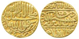 Akbar, Gold Mohur, 10.50g, Dar us-Sultanate Lahore Mint, AH 976, obv. Kalima on obv., near