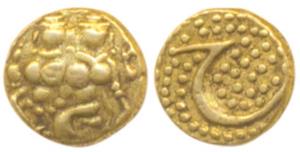 Haider Ali, Gold Fanam, 0.4g, obv. Shiva and Parvati, rev. Persian letter ‘He’ on a granul