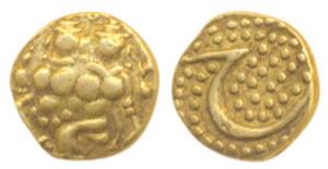 Haider Ali, Gold Fanam, 0.36g, obv. Shiva and Parvati, rev. Persian letter ‘He’ on a granu