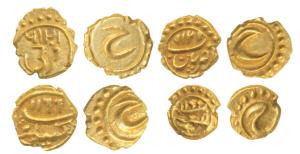 Tipu Sultan, Gold Fanam (4), Pattan, Nagar, Kalikut and Farukhi Mint, AM 1219, 1199, 1199 