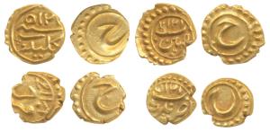 Tipu Sultan, Gold Fanam (4), Pattan, Nagar, Kalikut and Farukhi Mint, AM 1217, 1217, 1215 