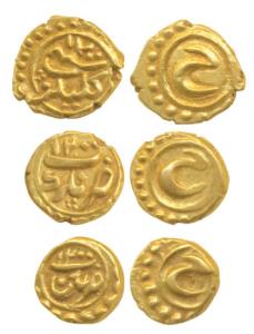Tipu Sultan, Gold Fanam (3), Pattan, Nagar and Kalikut Mint, all AM 1200. Extremely Fine. 