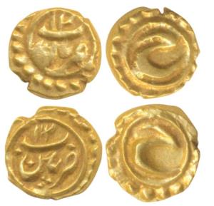 Tipu Sultan, Gold Fanam (2), Pattan and Nagar Mint, both with incomplete dates AM 12_ _ . 