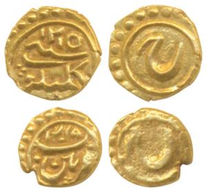 Tipu Sultan, Gold Fanam (2), Pattan and Kalikut Mint, both dates retrograde AM 1217 & 1215