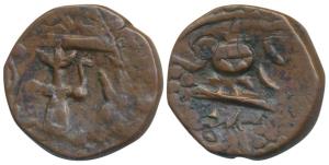 Anonymous, Copper Paisa, 8.4g, obv. tribal goddess like figure, unlisted in KM. Very Fine+