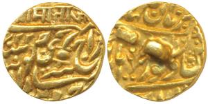 Jaswant Singh, Gold ½ Mohur, 5.98g, in the name of Victoria, daroga mark ‘Aum’ (KM 79). Ri