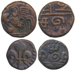 Pondicherry, Copper Doudou & ½ Doudou, 1836 AD, the first with a Rooster; the second obv. 