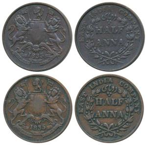 Copper ½ Anna (2), 1835, Madras Mint, ‘A’ in India raised above, Unlisted in Pridmore. Ver