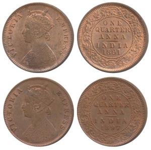 Victoria Empress, Bronze ¼ Anna (2), 1891, Calcutta Mint (Prid 624); 1897, Calcutta Mint, 