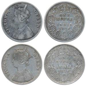 Victoria Queen, Silver Rupee (2), 1876, Calcutta Mint, A1 / I / C incused. About Very Fine