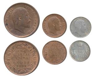 Edward VII, Silver 2 Annas, 1907; Copper ¼ Anna & 1/12 Anna, both 1905. The first Uncircul