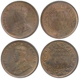 George V, Copper ¼ Anna, 1912 & 1914, Calcutta Mint, (Prid 658 & 660). About Uncirculated,