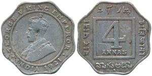 George V, Cupro-Nickel 4 Annas, 1921, Bombay Mint, (Prid 879). Fine+, Rare.