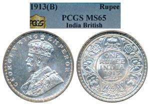 George V, Silver Rupee, 1913 Bombay Mint, (Prid 219). Graded by PCGS MS65.